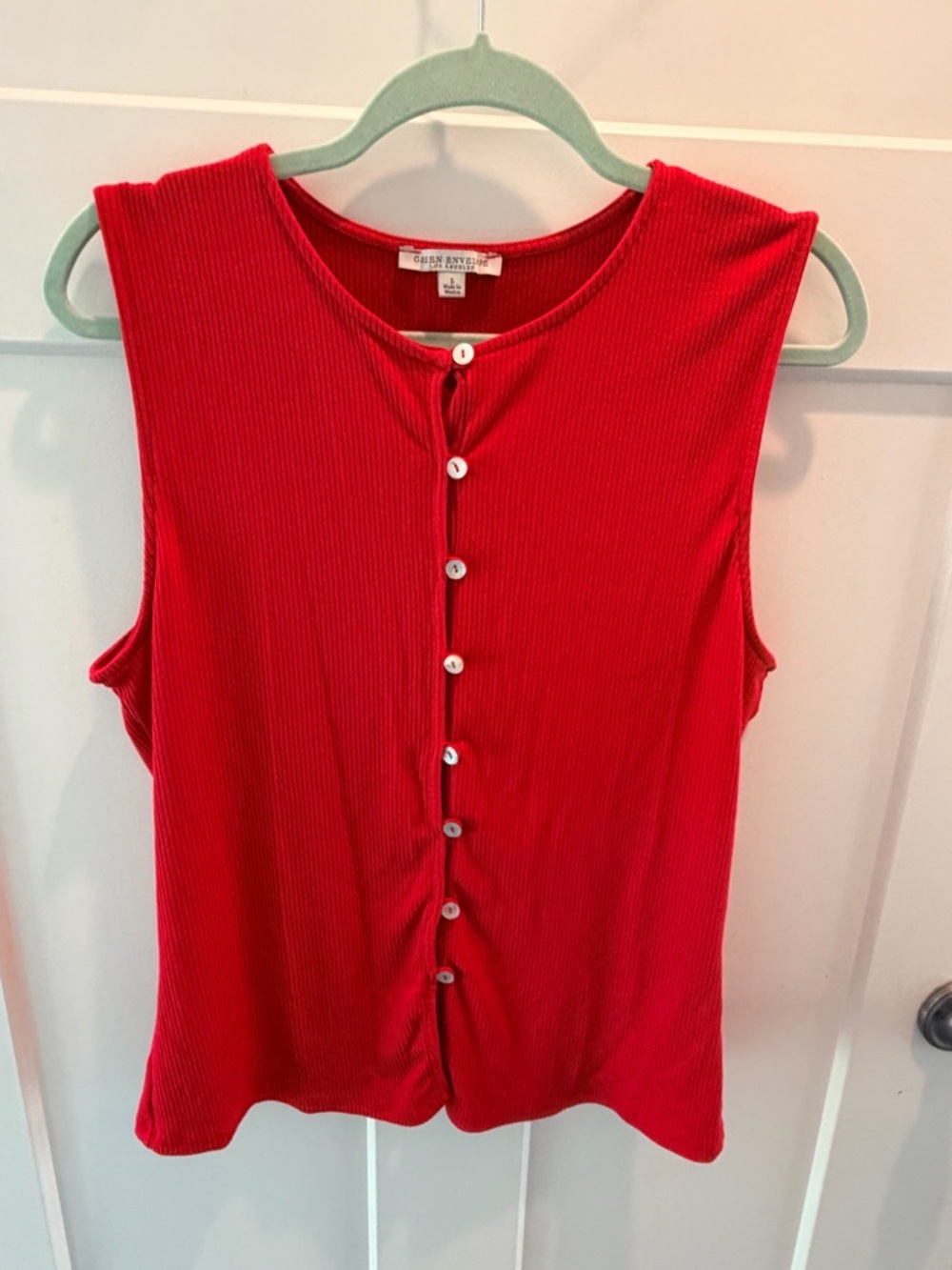 Green Envelope LA Red Ribbed Tank Top Womens Large Button Front Sleeveless